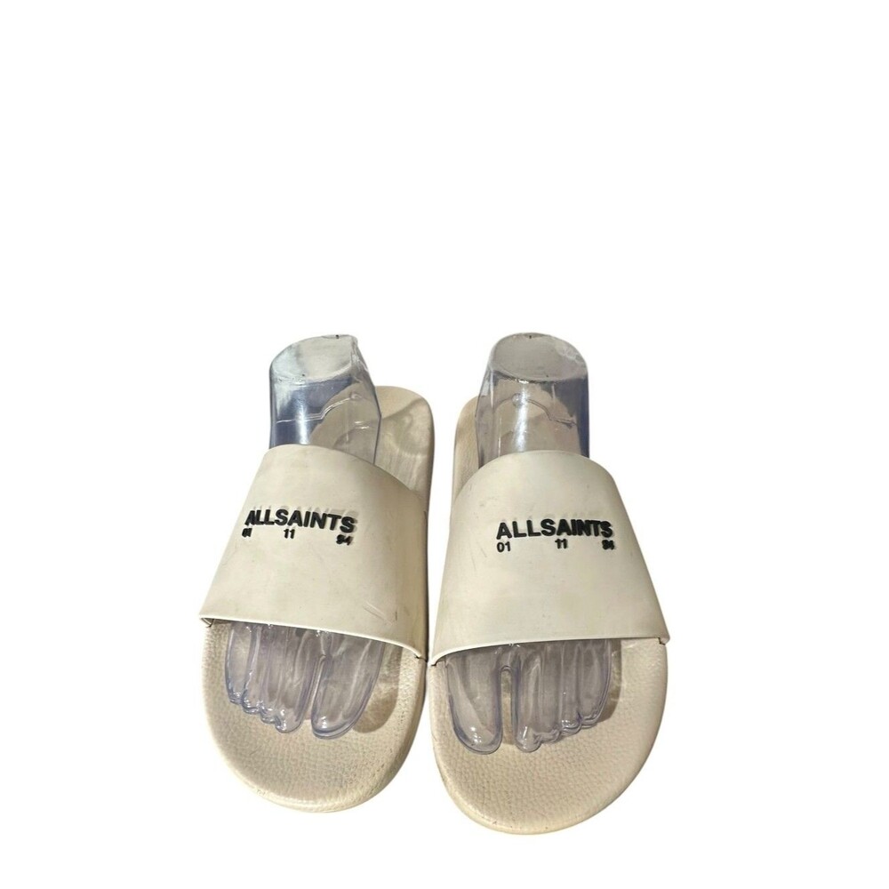 AllSaints Slides Mens Sz 11 Ivory Underground Rubber London Tokyo Signature Logo